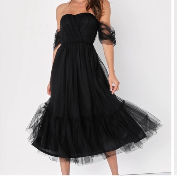 Lulus Divine Dreamer Black Tulle Off-the-Shoulder Tiered Midi Dress - Picture 1 of 3